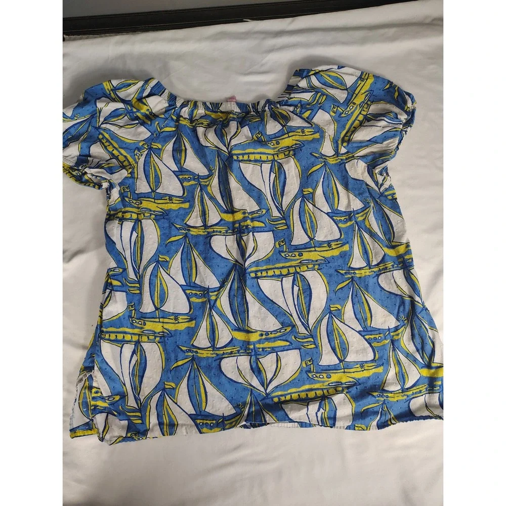 Lilly‎ Pulitzer Womens Blue Sailboat Swiss Dot Cotton Puff Sleeve Top Large